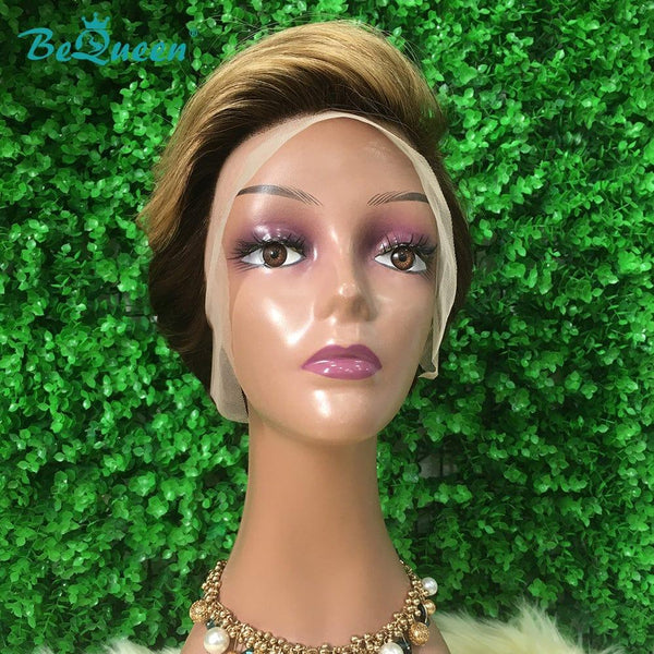 BeQueen Peruca Pixie Lisse cortes a Dentelle T Parte de Cabelo Castanho Escuro e Mel
