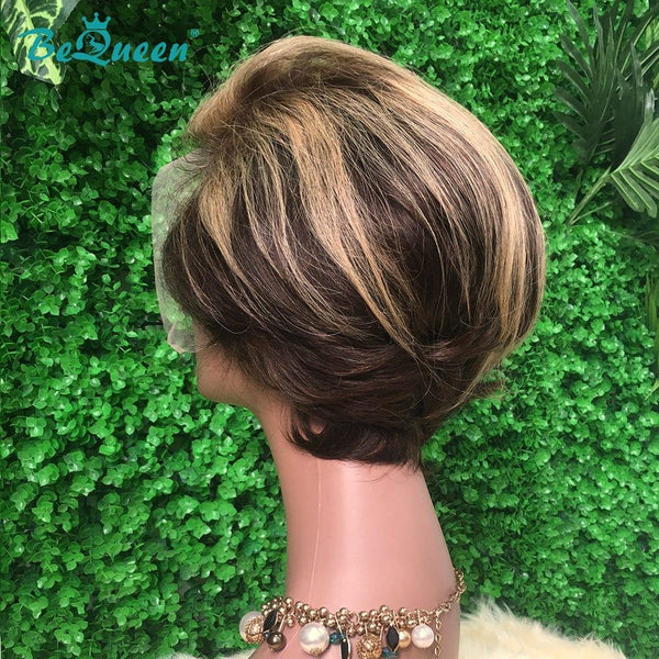 BeQueen Peruca Pixie Lisse cortes a Dentelle T Parte de Cabelo Castanho Escuro e Mel