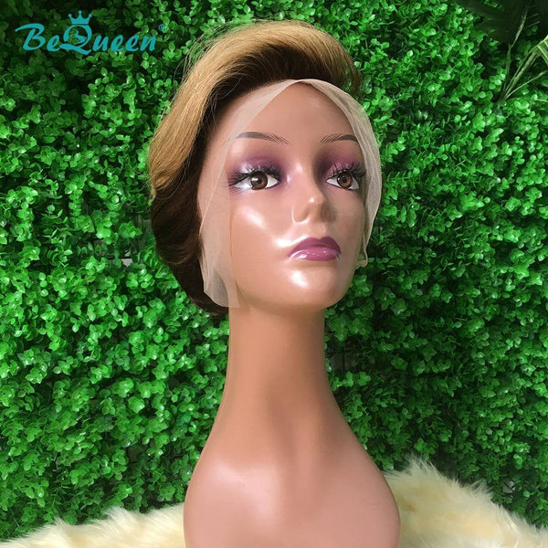 BeQueen Peruca Pixie Lisse cortes a Dentelle T Parte de Cabelo Castanho Escuro e Mel