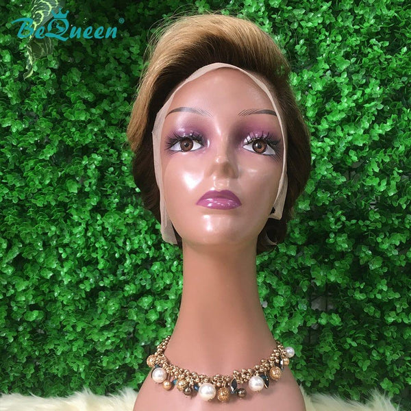 BeQueen Peruca Pixie Lisse cortes a Dentelle T Parte de Cabelo Castanho Escuro e Mel