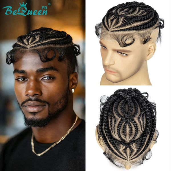 Bequeen Perruque “Raphaël” Pixie Topper noir avec tresse Sans colle Prêt à porter pour homme
