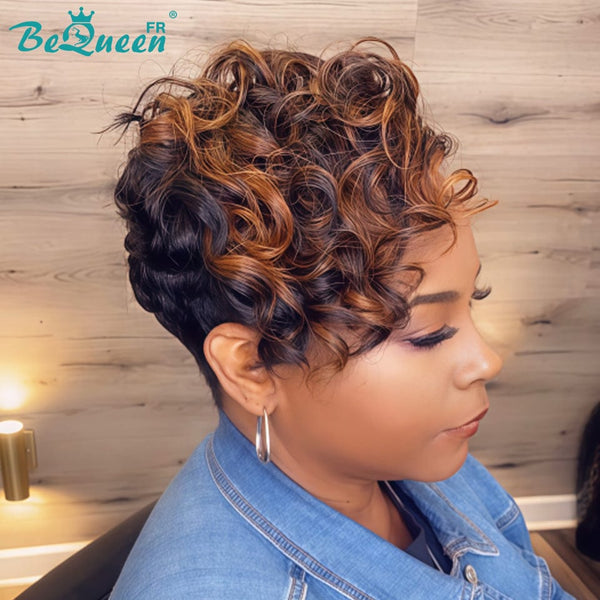 Bequeen Perruque “Silla” Pixie noir mix marron curly avec lace frontale sans colle