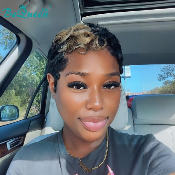 Bequeen Perruque “Simmy” Pixie noir curly avec miel sans colle Prêt à porter