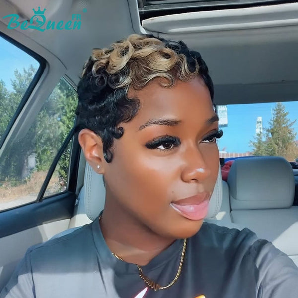 Bequeen Perruque “Simmy” Pixie noir curly avec miel sans colle Prêt à porter