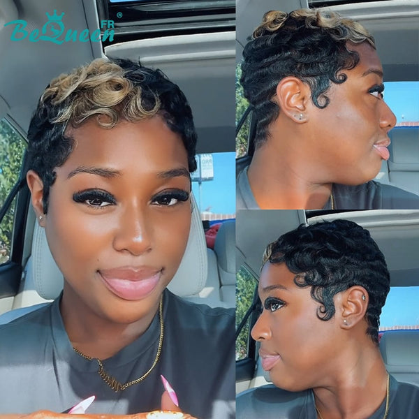 Bequeen Perruque “Simmy” Pixie noir curly avec miel sans colle Prêt à porter