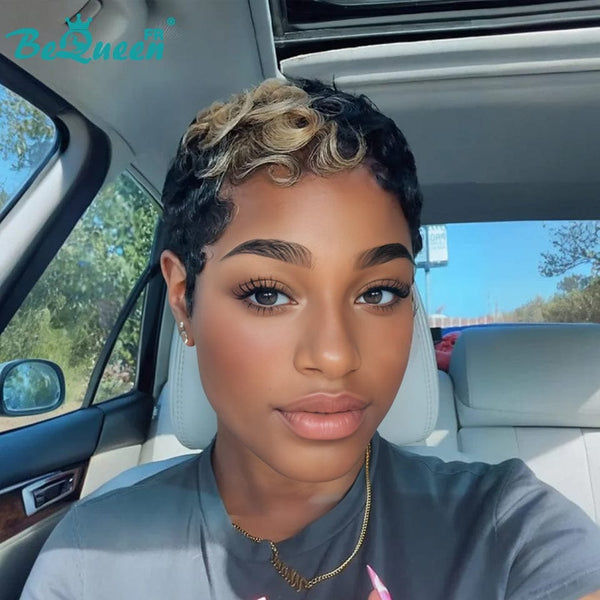 Bequeen “Simmy” Pixie Wig Black Curly with Honey Glueless Ready to Wear