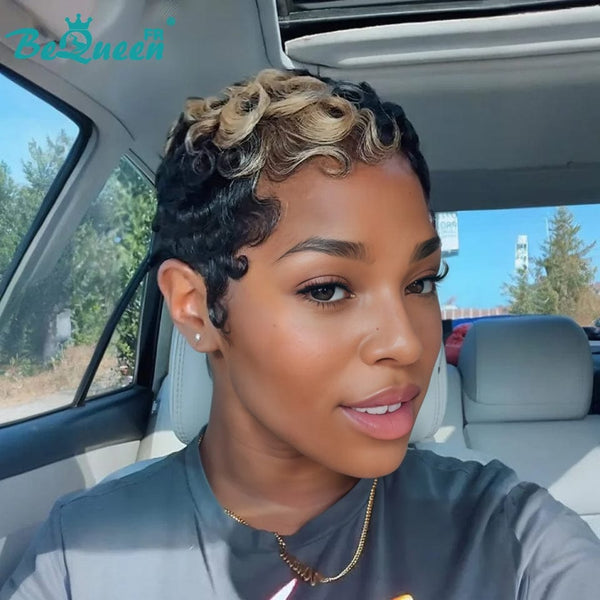 Bequeen “Simmy” Pixie Wig Black Curly with Honey Glueless Ready to Wear