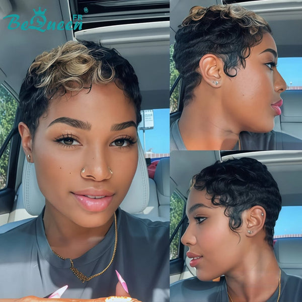 Bequeen “Simmy” Pixie Wig Black Curly with Honey Glueless Ready to Wear