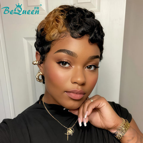 Bequeen “Simmy” Pixie Wig Black Curly with Honey Glueless Ready to Wear