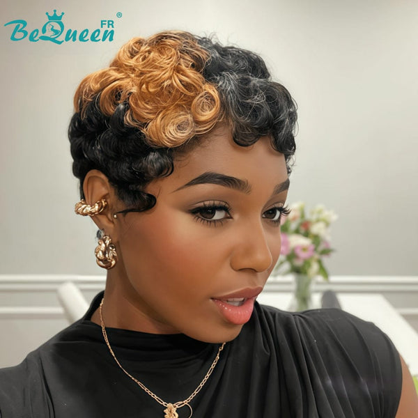 Bequeen “Simmy” Pixie Wig Black Curly with Honey Glueless Ready to Wear