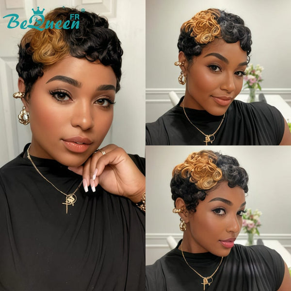 Bequeen “Simmy” Pixie Wig Black Curly with Honey Glueless Ready to Wear