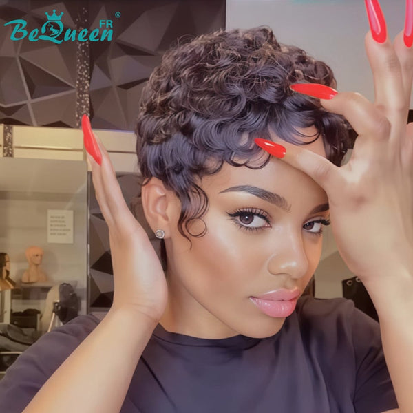 Bequeen Perruque “Simmy” Pixie noir curly sans colle Prêt à porter
