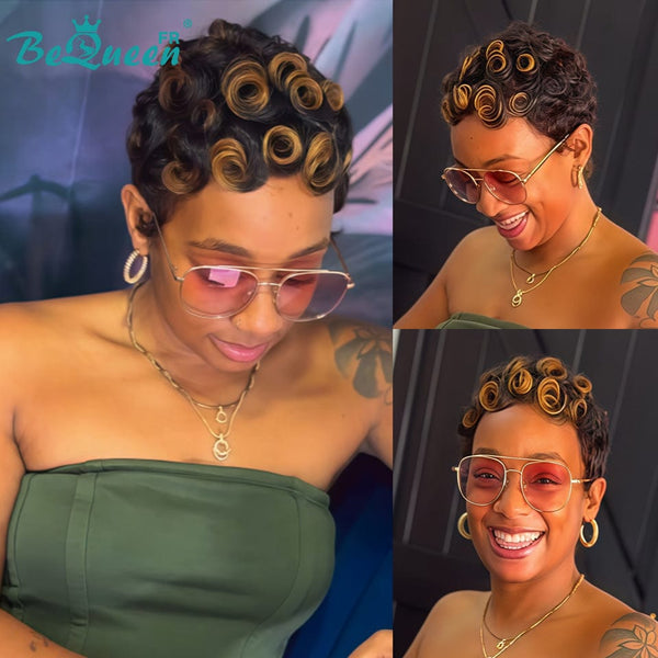 Bequeen “Simmy” Pixie Wig Black Curly with Honey Glueless Ready to Wear