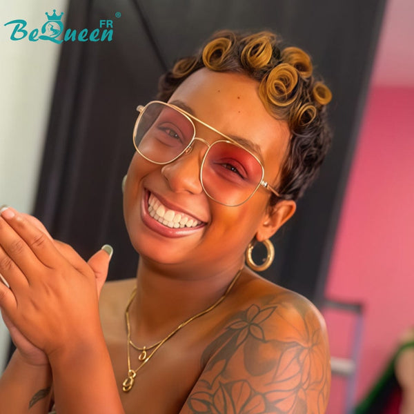 Bequeen “Simmy” Pixie Wig Black Curly with Honey Glueless Ready to Wear