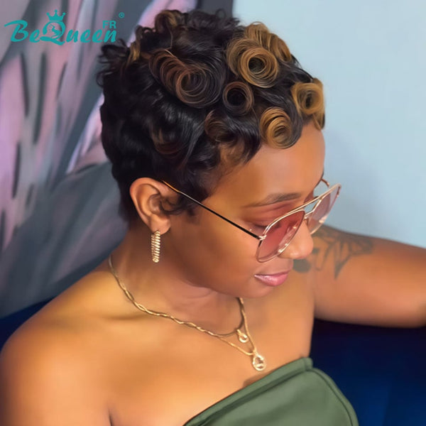 Bequeen “Simmy” Pixie Wig Black Curly with Honey Glueless Ready to Wear