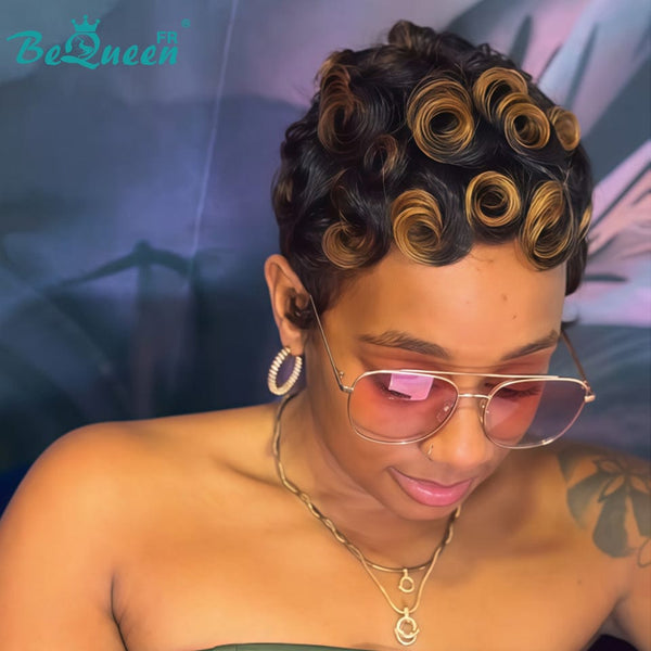 Bequeen “Simmy” Pixie Wig Black Curly with Honey Glueless Ready to Wear