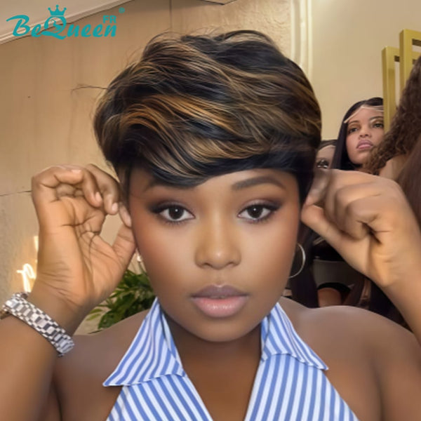 Bequeen "Suey" Straight Machine-Made Wig, Black with Honey Mix, 100% Human Hair, Style 6