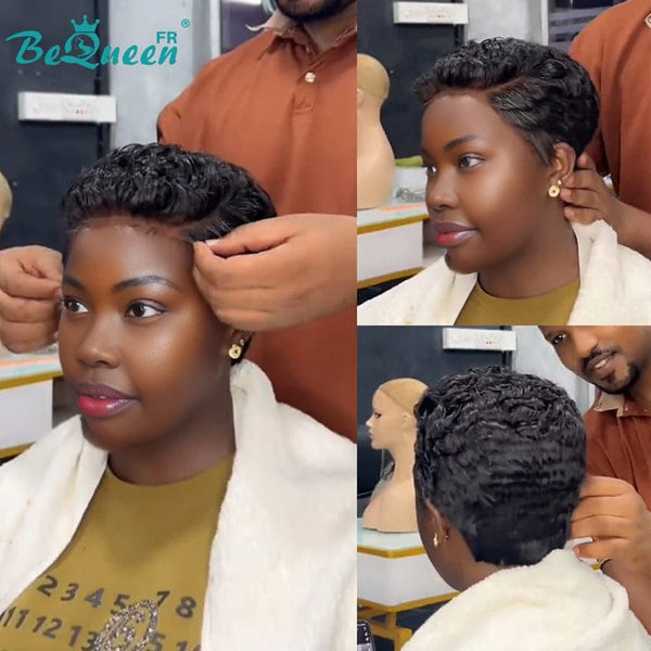 Bequeen Peluca "Suwa" Pixie negro Sin pegamento Frontal En encaje Con raya al lado