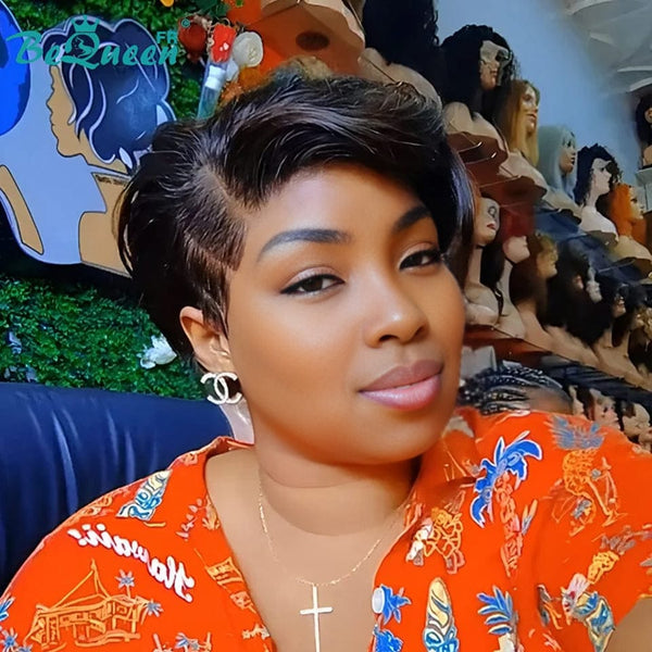 Königin Perücke "Suwa" schwarzes Pixie-Model ohne Klebstoff Frontal-Lace mit Seite Parting