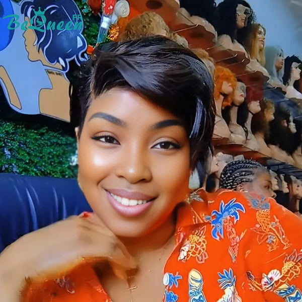 Königin Perücke "Suwa" schwarzes Pixie-Model ohne Klebstoff Frontal-Lace mit Seite Parting