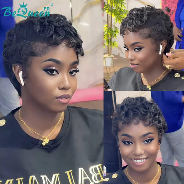 Bequeen Peluca "Suwa" Pixie negro Sin pegamento Frontal En encaje Con raya al lado