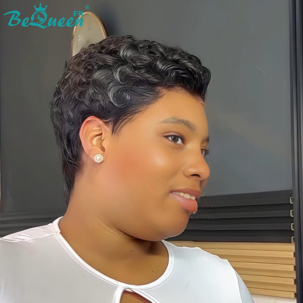 Bequeen Peruca “Suwe” Pixie preta Sem cola Front Lace Com Risca Lateral estilo 8