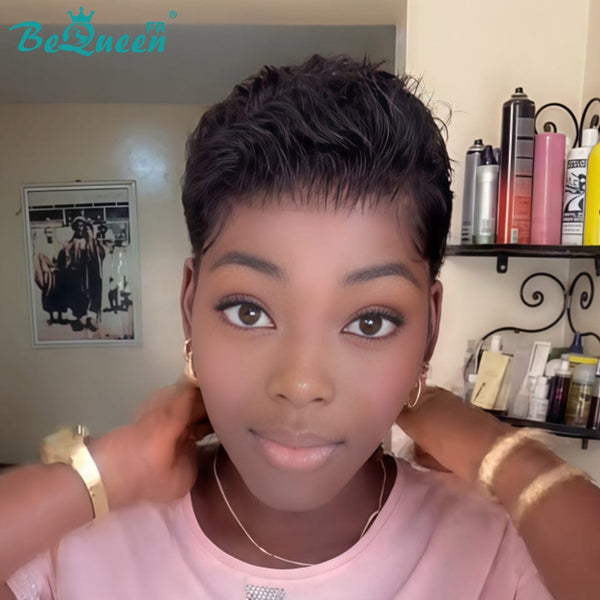 Bequeen Perruque “Suwe” Pixie noir Sans colle Frontale Lace Avec Raie Du Côté style 11