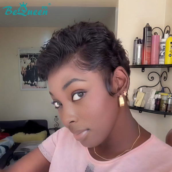 Bequeen Perruque “Suwe” Pixie noir Sans colle Frontale Lace Avec Raie Du Côté style 11