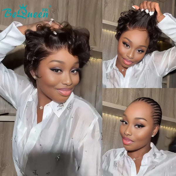 Bequeen Peluca "Suwa" Pixie negro Sin pegamento Frontal En encaje Con raya al lado