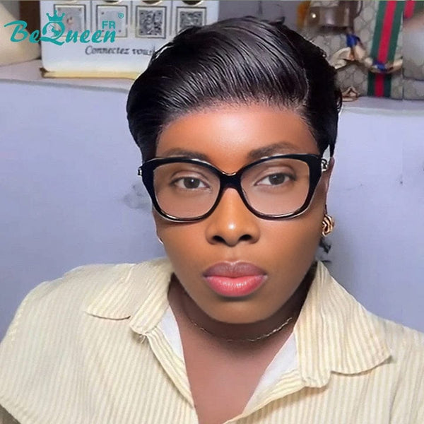 Bequeen Peluca "Suwa" Pixie negro Sin pegamento Frontal En encaje Con raya al lado