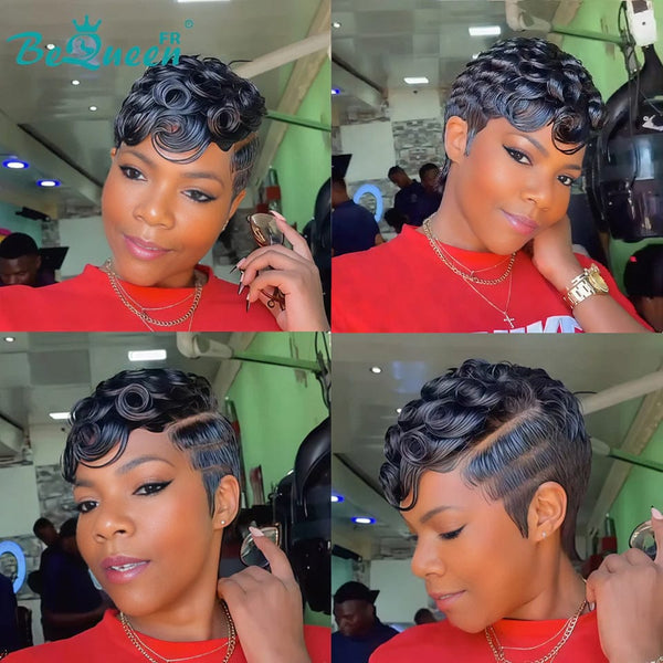 Bequeen Peluca "Suwa" Pixie negro Sin pegamento Frontal En encaje Con raya al lado