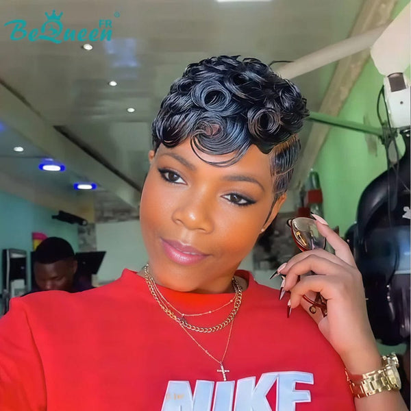 Bequeen Peluca "Suwa" Pixie negro Sin pegamento Frontal En encaje Con raya al lado