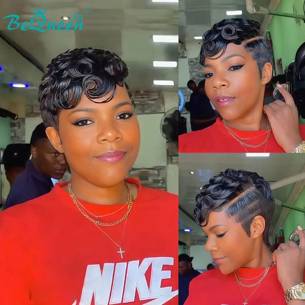 Bequeen Peluca "Suwa" Pixie negro Sin pegamento Frontal En encaje Con raya al lado