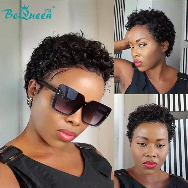 Bequeen Peluca "Suwa" Pixie negro Sin pegamento Frontal En encaje Con raya al lado