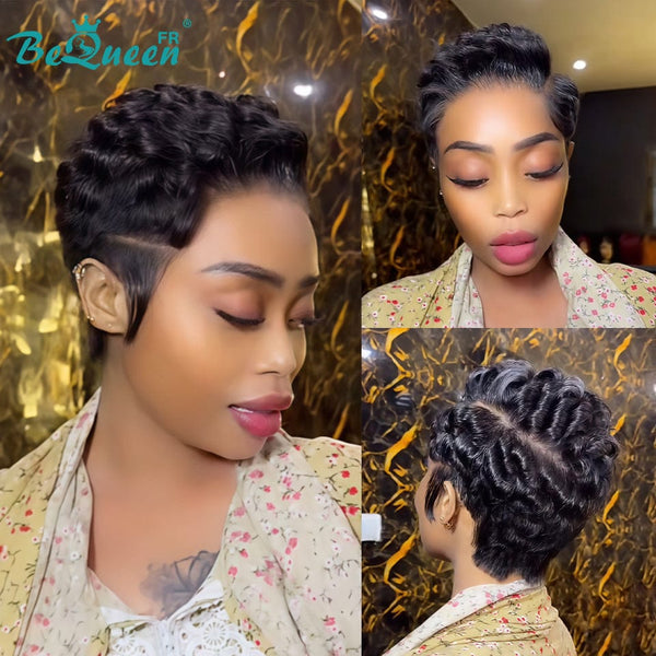 Bequeen Peluca "Suwa" Pixie negro Sin pegamento Frontal En encaje Con raya al lado