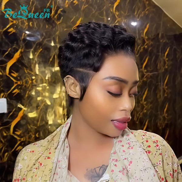 Bequeen Peluca "Suwa" Pixie negro Sin pegamento Frontal En encaje Con raya al lado
