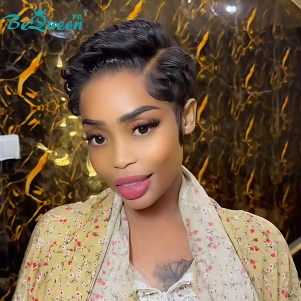 Bequeen Peluca "Suwa" Pixie negro Sin pegamento Frontal En encaje Con raya al lado