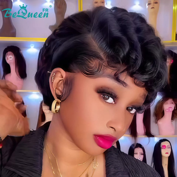 Bequeen Perruque “Suwe” Pixie noir Sans colle Frontale Lace Avec Raie Du Côté style 7