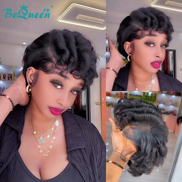 Bequeen Perruque “Suwe” Pixie noir Sans colle Frontale Lace Avec Raie Du Côté style 7