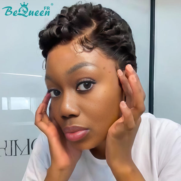 Bequeen Perruque “Suwe” Pixie noir Sans colle Frontale Lace Avec Raie Du Côté style 8