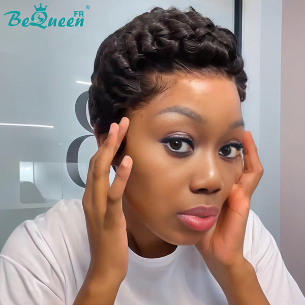 Bequeen Perruque “Suwe” Pixie noir Sans colle Frontale Lace Avec Raie Du Côté style 8