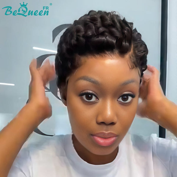 Bequeen Perruque “Suwe” Pixie noir Sans colle Frontale Lace Avec Raie Du Côté style 8