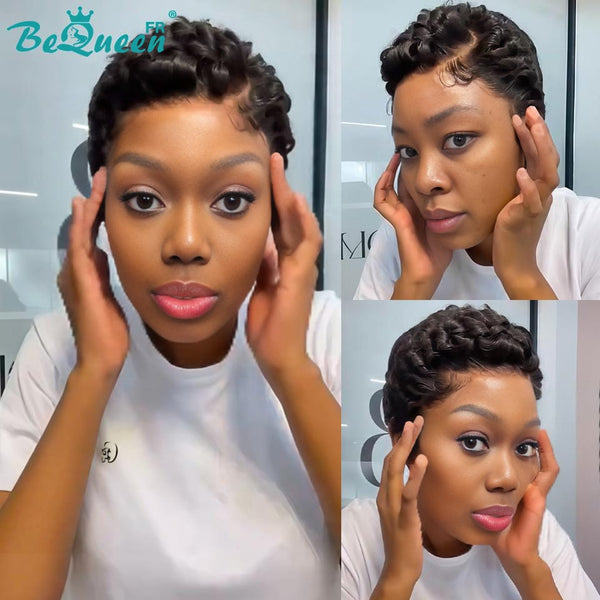 Bequeen Perruque “Suwe” Pixie noir Sans colle Frontale Lace Avec Raie Du Côté style 8