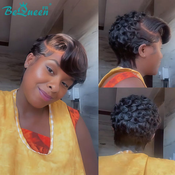 Bequeen Perruque “Suwe” Pixie noir Sans colle Frontale Lace Avec Raie Du Côté style 9