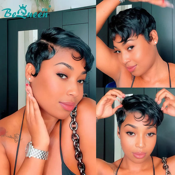Bequeen Perruque “Suwis” Pixie lisse noir Sans colle Frontale Lace Avec Raie Du Côté