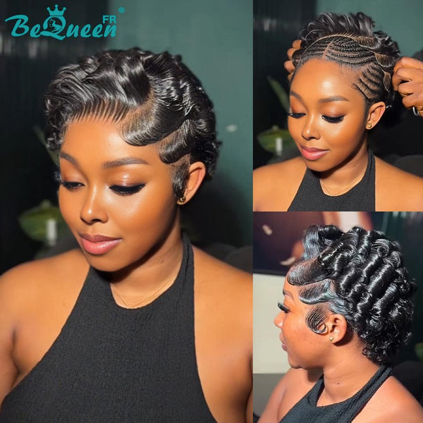 Bequeen Peluca "Chris" Noir Listo para Usar 100% cabello humano frontal en encaje con raya al lado estilo 2