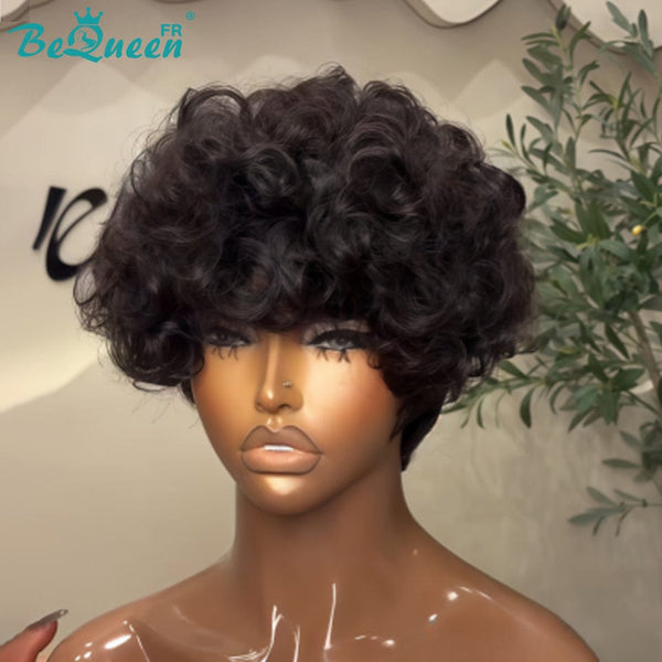 Bequeen Perruque “Zazie” Pixie noir curly à la machine 100% Cheveux humains