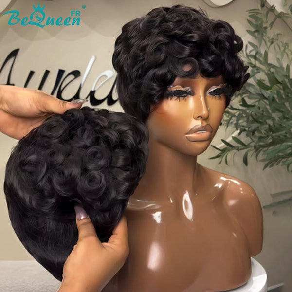 Bequeen Perruque “Zazie” Pixie noir curly à la machine 100% Cheveux humains