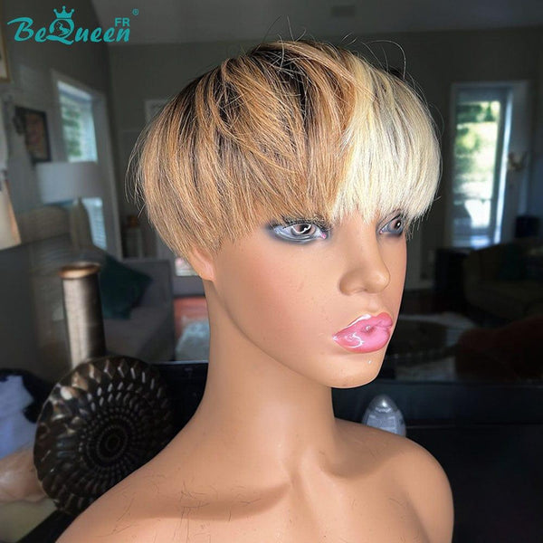 Bequeen Straight Pixie Wigs Ball Cut Black and Honey Roots Machine Made