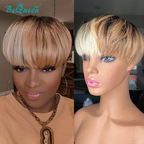 Bequeen Straight Pixie Wigs Ball Cut Black and Honey Roots Machine Made